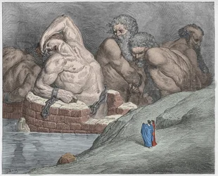 Enfer, Chant 31 : Éphialtès (Ephialte) entravé parmi les géants, illustration de la Divine Comédie de Dante Alighieri, 1885